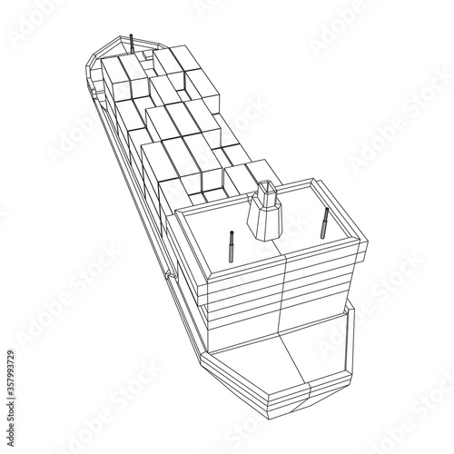 Heavy dry cargo ship of bulk carrier with freight containers. Wireframe low poly mesh vector illustration.