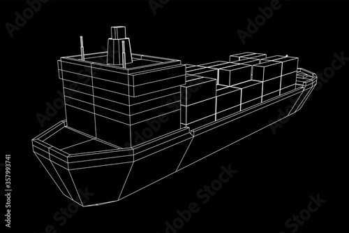 Heavy dry cargo ship of bulk carrier with freight containers. Wireframe low poly mesh vector illustration.