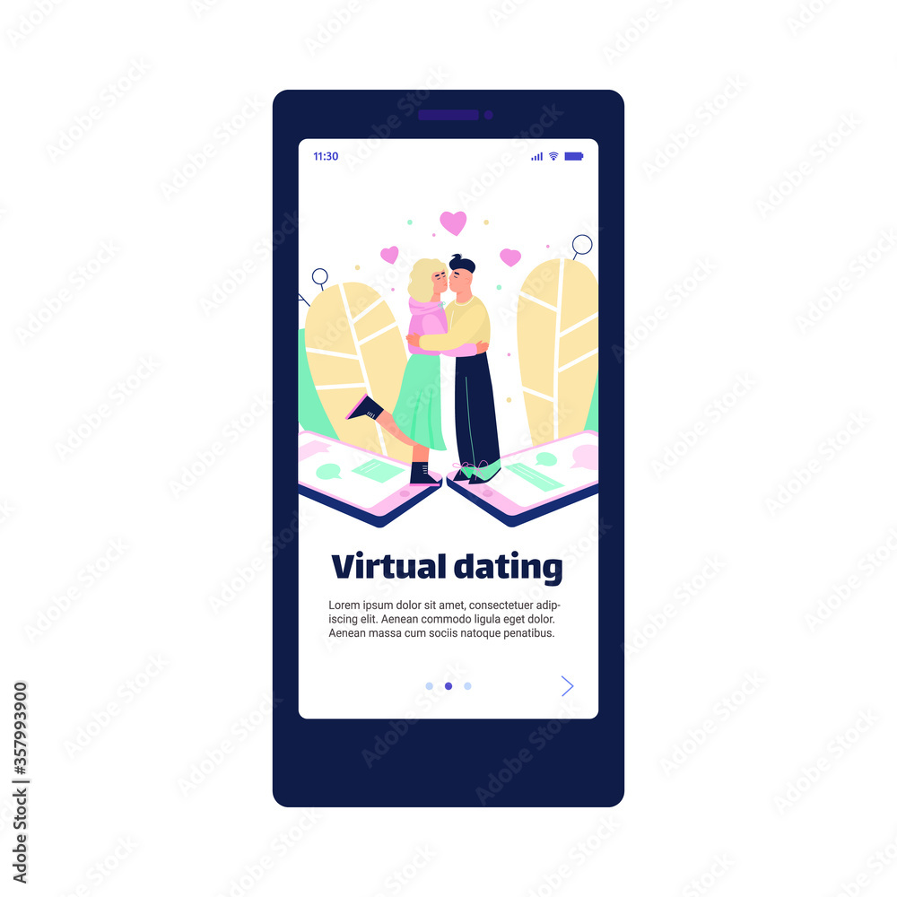 Virtual dating app page template with cartoon characters of embracing man and woman. Onboarding mobile page design flat vector illustration isolated on white background. Virtual dating app page template with cartoon characters of embracing man and woman. Onboarding mobile page design flat vector illustration isolated on white background.