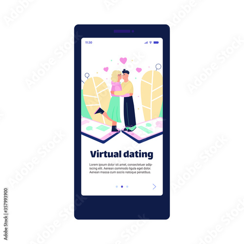 Virtual dating app page template with cartoon characters of embracing man and woman. Onboarding mobile page design flat vector illustration isolated on white background.