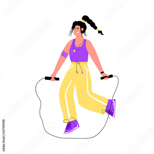 Woman jumping with skipping rope - fitness exercise isolated on white background. Girl doing cardio workout with jump rope in sportswear, vector illustration