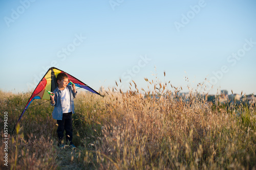 happy dreaming little boy with colorful kite among dry grass on summer sunset near city suburban