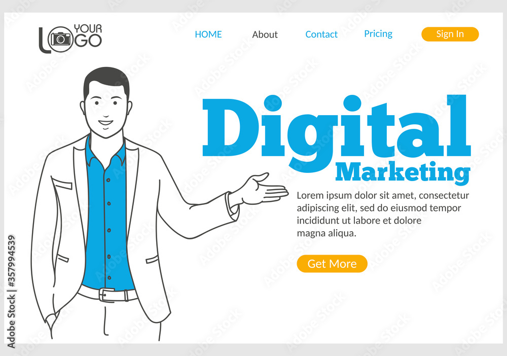 Digital Marketing landing page in thin line style. Young smiling man pointing at text. SMM and SEO technology, social media and web content promotion concept. Digital technology and innovations. Digital Marketing landing page in thin line style. Young smiling man pointing at text. SMM and SEO technology, social media and web content promotion concept. Digital technology and innovations.