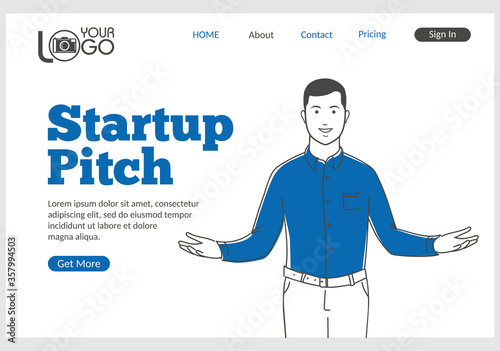 Startup Pitch landing page in thin line style. Young confident man opening his arms wide. Startup business platform, idea analysis and investor presentation. Digital technology and innovations