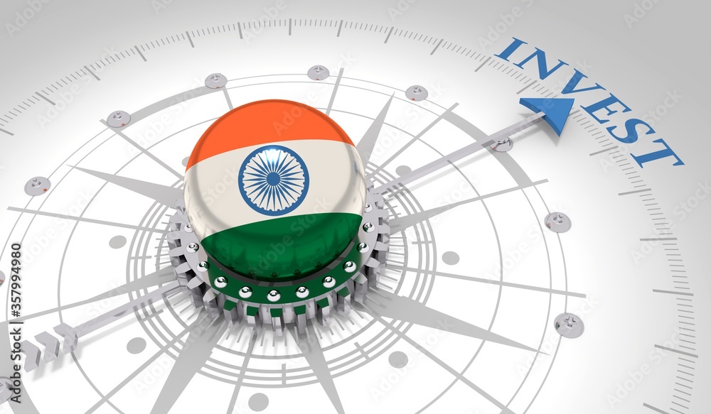 Business concept. Abstract compass points to the invest word. Flag of the India. 3D rendering Business concept. Abstract compass points to the invest word. Flag of the India. 3D rendering