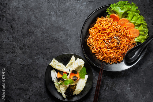Korean hot spicy chicken flavor ramen instant noodles, stir fried noodle.