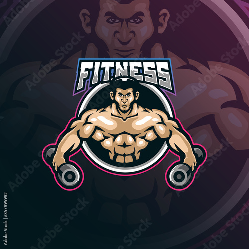 fitness mascot logo design vector with modern illustration concept style for badge, emblem and t shirt printing. fitness illustration with barbell in hand.