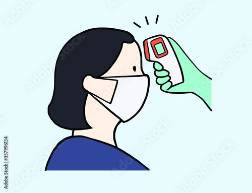 Asian woman wearing face mask with temperature screening by thermometer at building entrance 