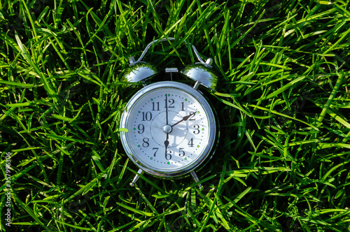 A metal alarm clock lies in the bright green grass in the Park