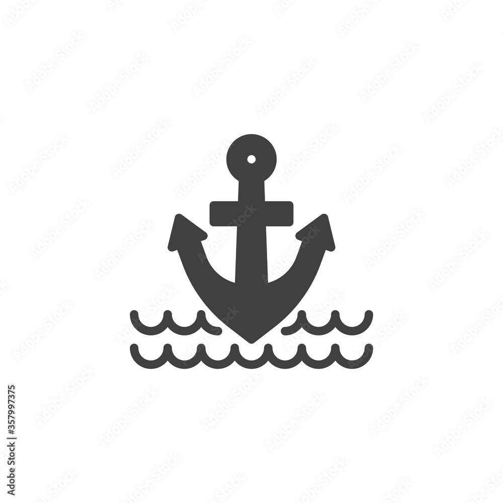 Anchor and sea waves vector icon. filled flat sign for mobile concept and web design. Nautical anchor glyph icon. Symbol, logo illustration. Vector graphics Anchor and sea waves vector icon. filled flat sign for mobile concept and web design. Nautical anchor glyph icon. Symbol, logo illustration. Vector graphics