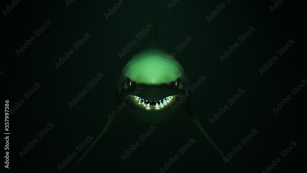 Great White Shark Underwater with Glowing White Sci Fi Eyes and Teeth 3d illustration 3d render