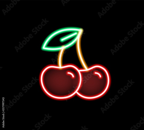 Fashion glow neon light cherry vector flat illustration. Bright berry with leaves sign illuminating isolated on black. Colorful berries icon decorative symbol. Fresh glowing fruit signboard design
