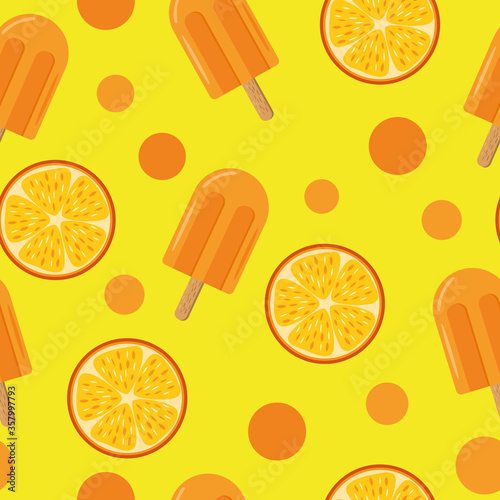 ice cream on a stick and slices of orange seamless pattern in vector flat style. bright, summer juicy background yellow