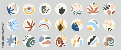 Contemporary highlight covers collection. Big bundle of various colors doodle shapes. Round icons set for story templates