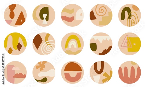 Contemporary highlight covers collection. Bundle of terracotta colors doodle shapes. Round icons set for story templates