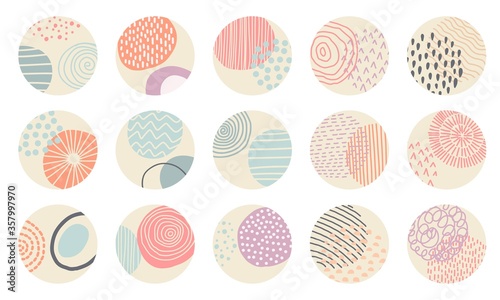 Contemporary highlight covers collection. Bundle of round icons for for story templates. Doodle drawing lines, shapes, swirls and other elements