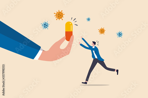 Expensive medical bill or expense for COVID-19 Coronavirus treatment concept, hand holding COVID-19 pill or tablet high and normal people running try to reach for the treatment with virus pathogen.