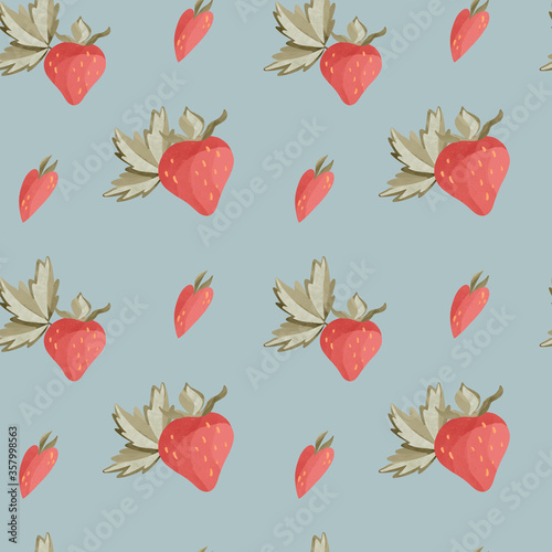 Kawaii strawberry berries with leaves. Textural digital art seamless square pattern on a blue background. Print for fabric, wrapping paper, textile, packaging, postcard, invitation, menu, stationery