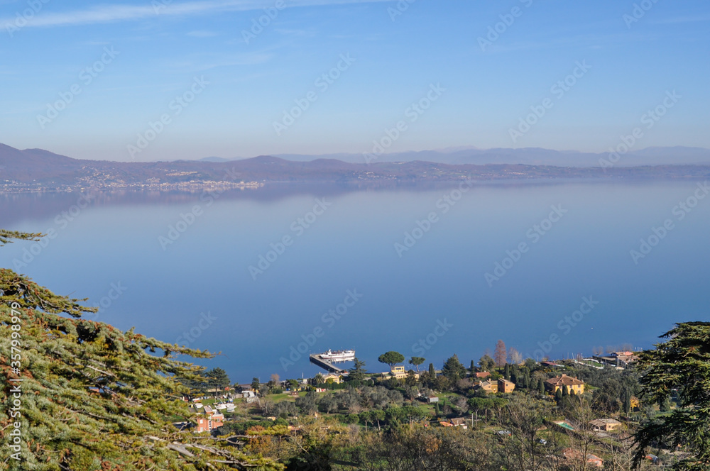 Aerial view of Bracciano Lake. Province of Rome, Lazio, Italy