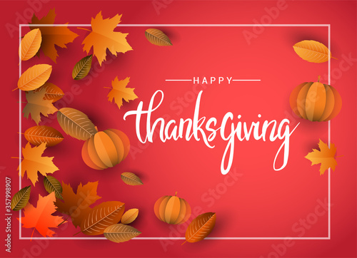 Happy Thanksgiving typography poster isolated with leaves and pumpkins for Thanksgiving postcard. Vector calligraphy lettering holiday quote.