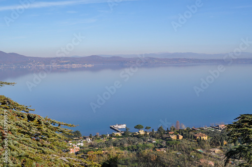 Aerial view of Bracciano Lake. Province of Rome, Lazio, Italy