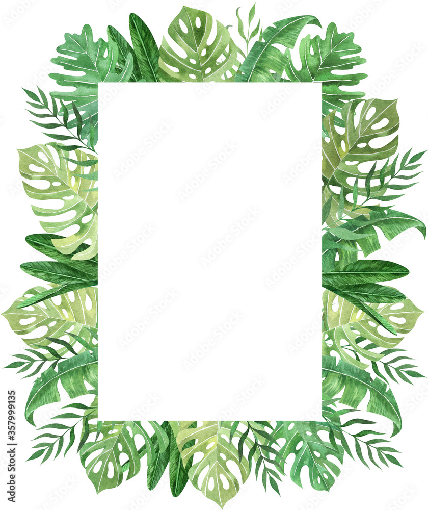 Watercolor hand painted tropical frame with leaves and plants. Green jungle foliage wreath perfect for summer wedding invitation and party card making Watercolor hand painted tropical frame with leaves and plants. Green jungle foliage wreath perfect for summer wedding invitation and party card making