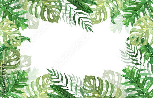 Watercolor hand painted tropical frame with leaves and plants. Green jungle foliage wreath perfect for summer wedding invitation and party card making