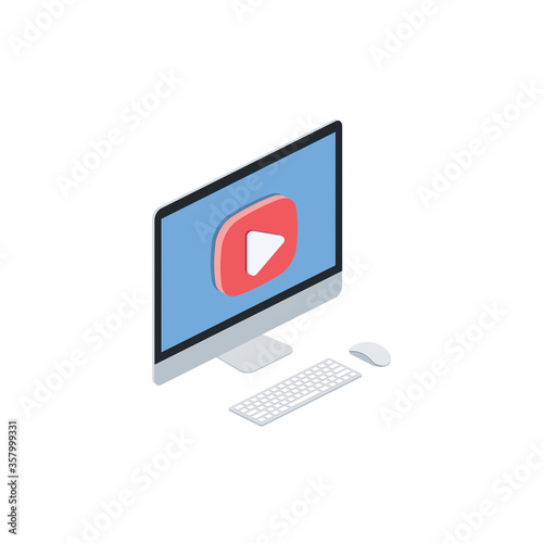 Computer screen video player. Vector 3d isometric, color web icon, new flat style. Creative illustration design, isolated graphic idea for infographics.