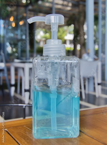 Alcohol gel in front of coffee shop, Thailand