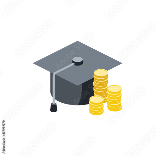 Cost of education money coins. Vector 3d isometric, color web icon, new flat style. Creative illustration design, isolated graphic idea for infographics.