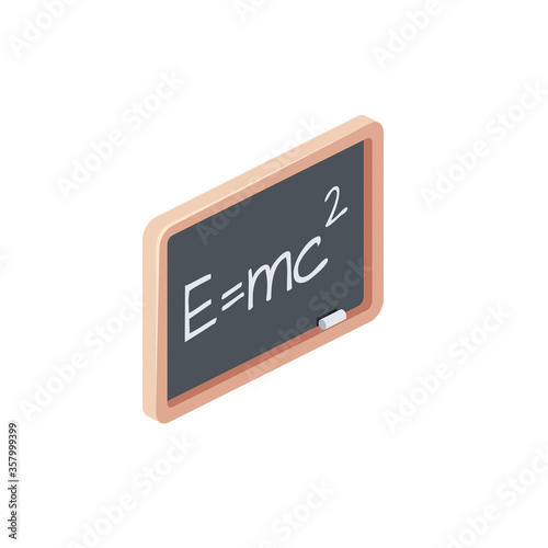 Einstein's formula on board. Vector 3d isometric, color web icon, new flat style. Creative illustration design, isolated graphic idea for infographics.