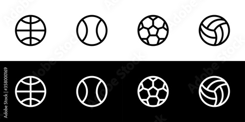 Ball icon set. Flat design icon collection isolated on black and white background. Basketball  tennis  soccer  and volleyball.