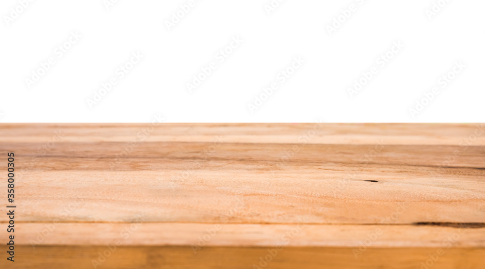 Wood table top isolated on white background. Brown wooden desk empty counter. Copy space for text and ideal for product placement.