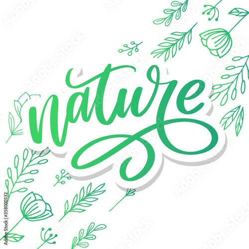 100 natural green lettering sticker with brushpen calligraphy. Eco friendly concept for stickers, banners, cards, advertisement. Vector ecology nature design.