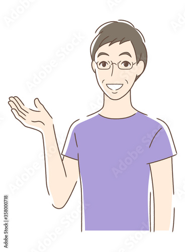 笑顔で手のひらを差し出す男性