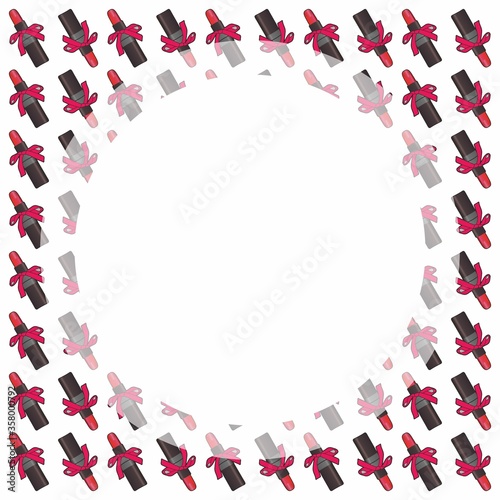 Template for design. Group of objects on a white background: red lipstick in a black glossy case. Tied with a scarlet ribbon in the form of a gift. Lipsticks lie in several rows on a white background