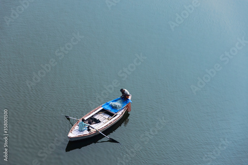 Top view of boats are being sailed on the river ganges of Varanasi. Indian lifestyle, travel and tourism © abir