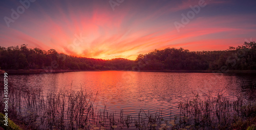 Beautiful Panoramic Lakeside Sunset with Reflections