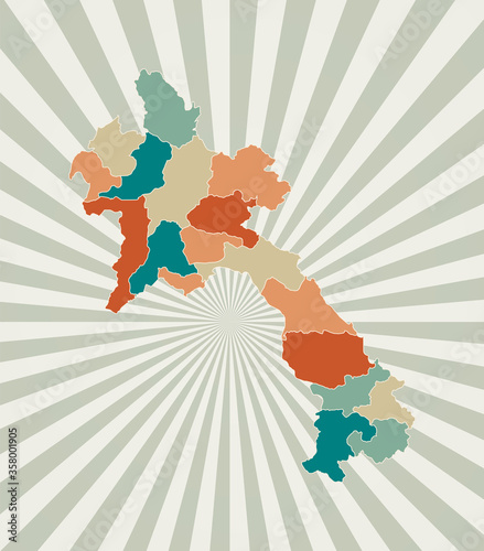 Laos map. Poster with map of the country in retro color palette. Shape of Laos with sunburst rays background. Vector illustration.
