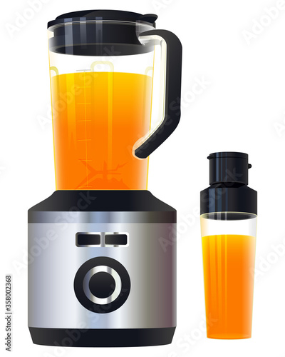 Healthy freshly squeezed orange juice. Blender mixer food processor and glass of juice