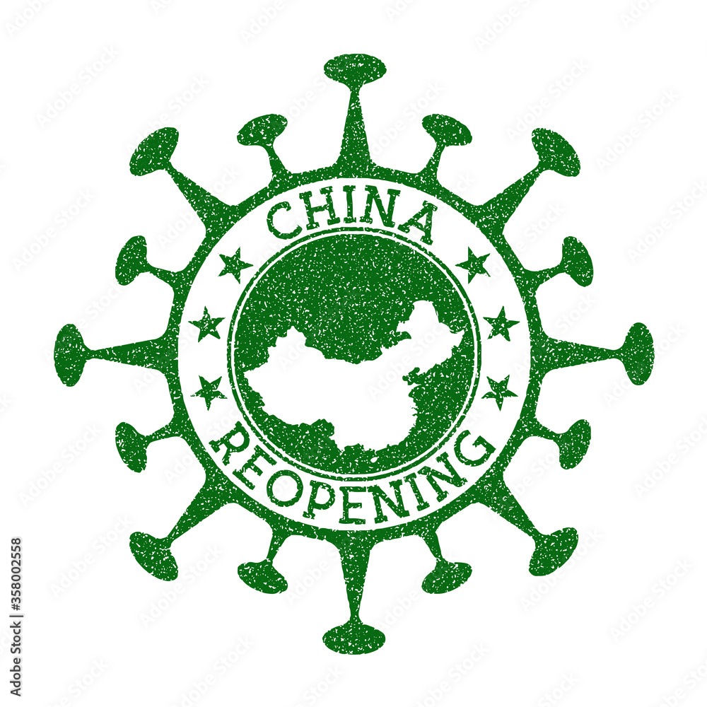 China Reopening Stamp. Green round badge of country with map of China. Country opening after lockdown. Vector illustration.