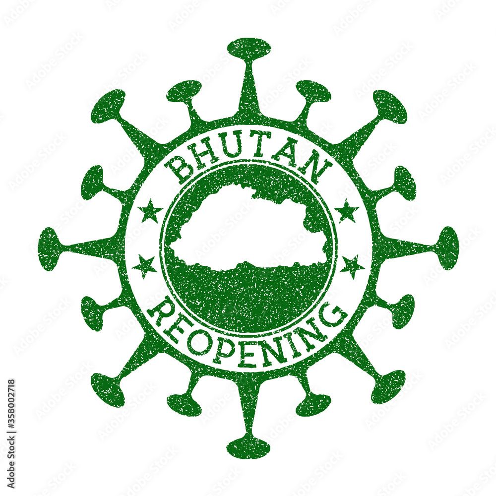 Bhutan Reopening Stamp. Green round badge of country with map of Bhutan. Country opening after lockdown. Vector illustration.
