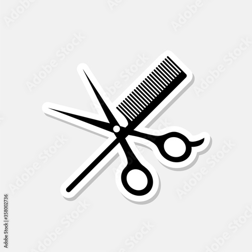 Scissors and comb sticker icon isolated on gray background