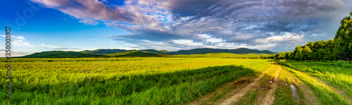 rural road through meadows away from civilization.panorama