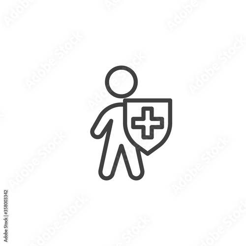 Life insurance line icon. linear style sign for mobile concept and web design. Man with medical shield outline vector icon. Immune system protection symbol, logo illustration. Vector graphics