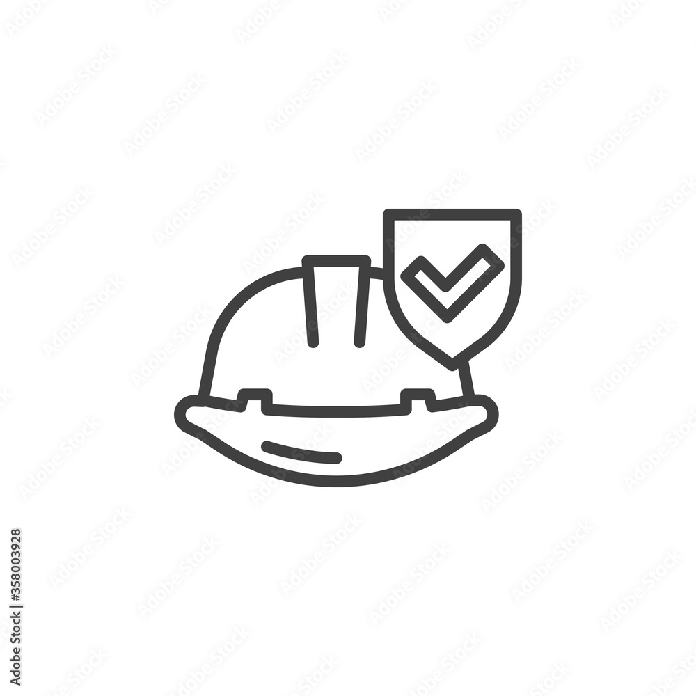 Work insurance line icon. linear style sign for mobile concept and web design. Hard hat with protection shield outline vector icon. Safety symbol, logo illustration. Vector graphics Work insurance line icon. linear style sign for mobile concept and web design. Hard hat with protection shield outline vector icon. Safety symbol, logo illustration. Vector graphics