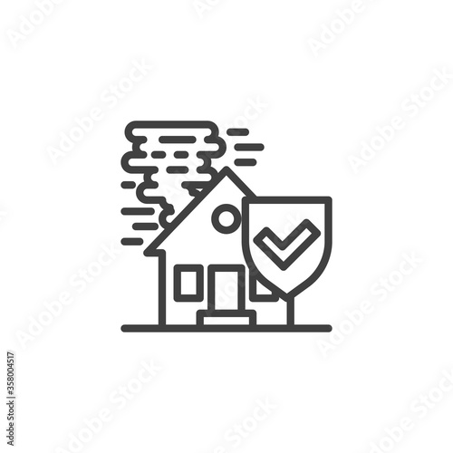 Catastrophe insurance line icon. House, tornado and shield linear style sign for mobile concept and web design. Disaster risk insurance outline vector icon. Symbol, logo illustration. Vector graphics