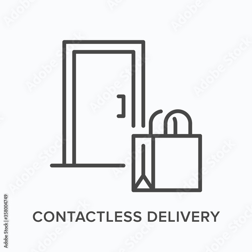 Contactless delivery line icon. Vector outline illustration of safe courier service. Door to door transportation front enterance and paper bag pictorgam