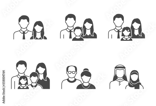 Family with kids, people avatar flat icons. Vector illustration included icon as man, female head, muslim, senior, families and old couple human face black silhouette pictogram for user profile
