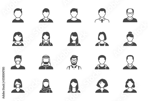 People avatar flat icons. Vector illustration included icon as old man, female, muslim, senior, adult businessman and young human, child black silhouette pictogram for user profile